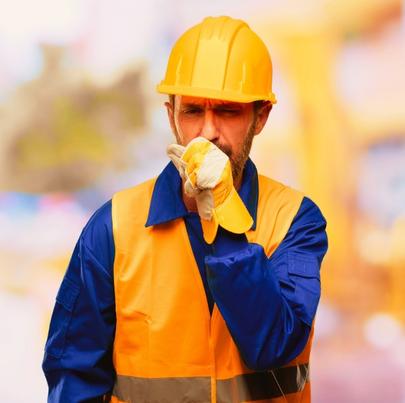 Senior engineer man, construction worker sick and coughing, suffering asthma