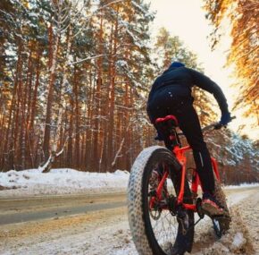 rear view of a man riding his fat bike on winter