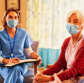 Nurse listening to senior patients with face mask about Covid 19