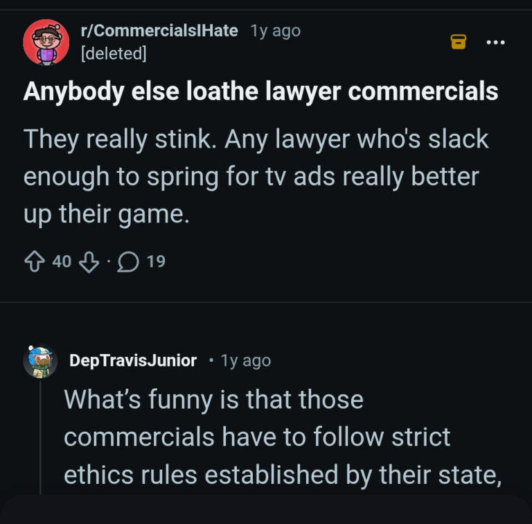 Reddit comment complaining about TTV ads for personal injury lawyers