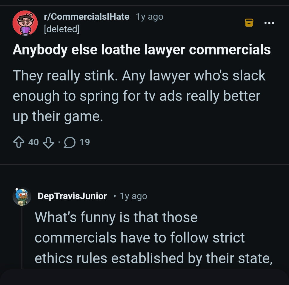 Reddit comment complaining about TTV ads for personal injury lawyers