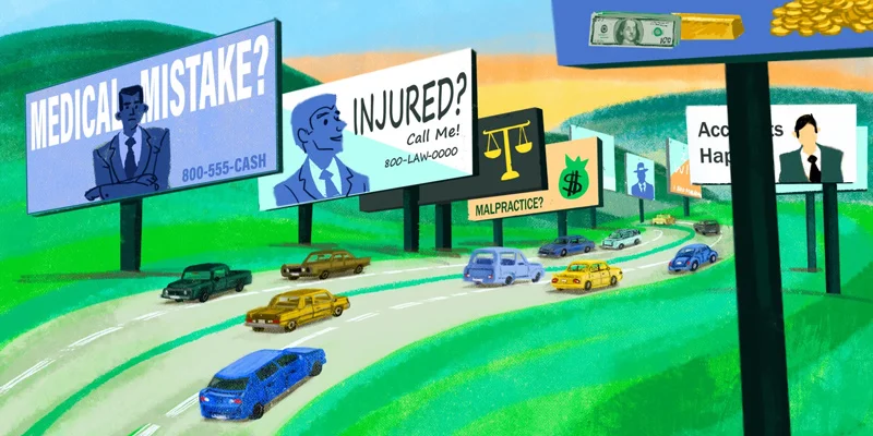 cartoon image of a highway plastered with lawyer billboards.