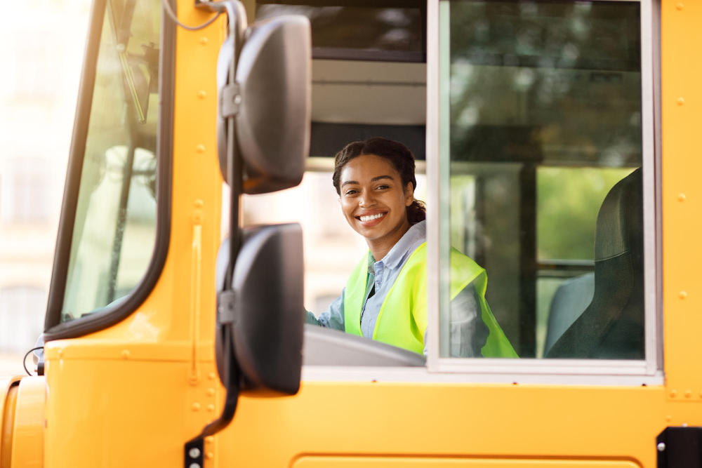 Smiling female school bus driver behind the wheel
